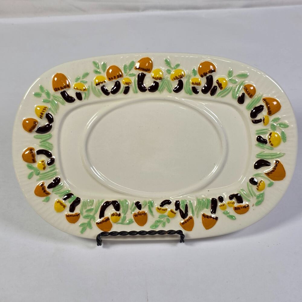 Vintage 1979 Mushroom Ceramic Pottery Plate Platter 6x9 Signed Peggy Wammer 70s